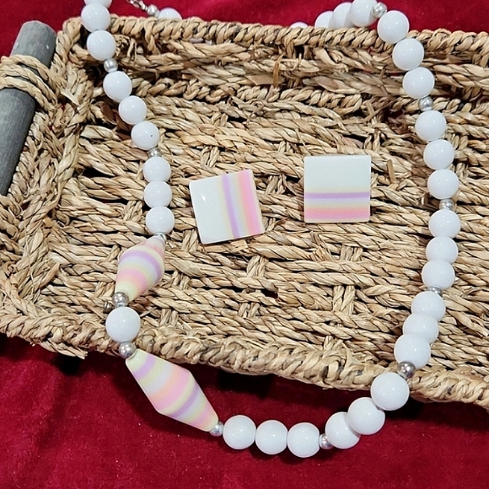 Vintage White and Pastel Beaded Necklace and Earrings Set